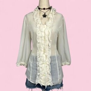 Vintage Sheer Cream Ruffled Trim Button Up Top Womens L Fairy Feminine Coquette
